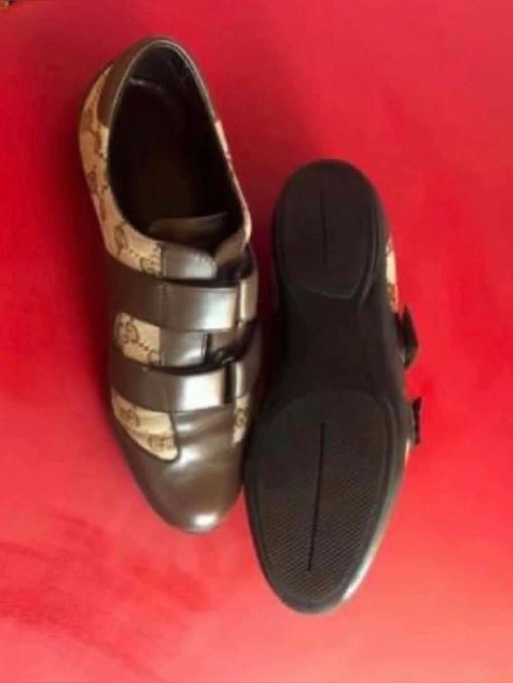 Brown Leather Strapped Flats with Monogram Canvas Panels